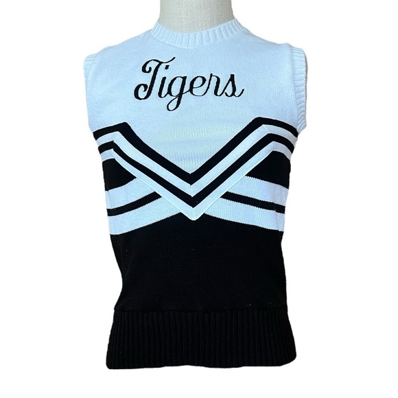 Vintage Small Tigers Cheerleading Cheer Sleeveless Sweater Vest Black & White - Picture 2 of 8